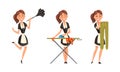 Smiling Maid or Housemaid in Black Dress and White Apron Dusting and Ironing Vector Set