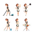 Smiling Maid or Housemaid in Black Dress and White Apron Dusting, Vacuum Cleaning, Mopping the Floor and Ironing Vector