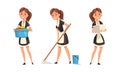 Smiling Maid or Housemaid in Black Dress and White Apron Mopping Floor and Doing Laundry Vector Set