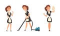 Smiling Maid or Housemaid in Black Dress and White Apron Vacuum Cleaning and Swiping Vector Set