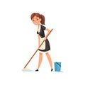 Smiling maid mopping the floor, housemaid character wearing classic uniform with black dress and white apron, cleaning