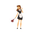 Smiling Maid Standing with Duster, Housemaid Character Wearing Classic Uniform with Black Dress and White Apron Vector