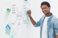 Smiling male artist with pen in front of whiteboard