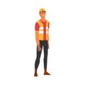 Smiling Male Building Worker Character with Hard Hat Helmet and Orange Vest, Construction Engineer, Repair Worker Vector