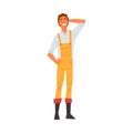 Smiling Male Building Worker Character Wearing Overalls, Construction Engineer, Repairman, Foreman or Handyman Vector