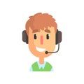 Smiling male call center worker, online customer support service assistant with headphones cartoon vector Illustration