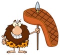 Smiling Male Caveman Cartoon Mascot Character Holding A Spear With Big Grilled Steak Royalty Free Stock Photo