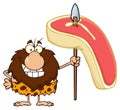 Smiling Male Caveman Cartoon Mascot Character Holding A Spear With Big Raw Steak