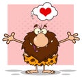 Smiling Male Caveman Cartoon Mascot Character With Open Arms And A Heart