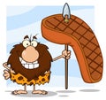 Smiling Male Caveman Hunter Cartoon Mascot Character Holding A Spear With Big Grilled Steak Royalty Free Stock Photo