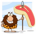 Smiling Male Caveman Hunter Cartoon Mascot Character Holding A Spear With Big Raw Steak