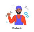 Smiling male character is enjoing working as a mechanic on white background