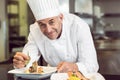 Smiling male chef garnishing food in kitchen Royalty Free Stock Photo