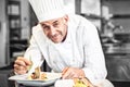 Smiling male chef garnishing food in kitchen Royalty Free Stock Photo