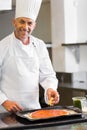 Smiling male chef garnishing food in kitchen Royalty Free Stock Photo