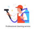 Smiling male cleaning company member in overall is vacuum cleaning place on white background