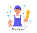 Smiling male cleaning company staff member is showing okay gesture in gloves on white background