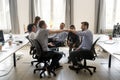 Happy male colleagues give fists bump congratulating with success Royalty Free Stock Photo