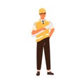 Smiling male construction engineer vector flat illustration. Happy industrial worker in uniform and hard hat holding