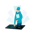 Rap style satisfied smiling disk jockey with microphone in hand mixing tracks at turntable on white background
