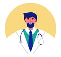 Smiling male doctor with blue hair, beard, stethoscope, white coat, green scrubs. Medical professional, happy healthcare