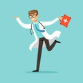 Smiling male doctor character running with first aid box vector Illustration Royalty Free Stock Photo