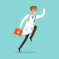 Smiling male doctor character running with first aid box vector Illustration Royalty Free Stock Photo