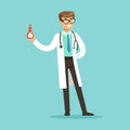 Smiling male doctor character standing and holding a red bottle of medicine vector Illustration Royalty Free Stock Photo