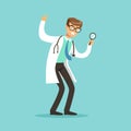 Smiling male doctor character standing and looking through loupe vector Illustration Royalty Free Stock Photo