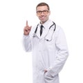 Smiling male doctor in white coat pointing finger up.