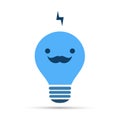 Smiling Male Face with Mustache on a Blue Light Bulb, Isolated on White Background - Lightbulb Emoji with Funny Face, Emotion Royalty Free Stock Photo