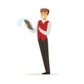 Smiling male hotel manager character wearing red uniform controlling something, hotel staff vector Illustration