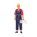 Smiling male industrial worker holding toolbox vector flat illustration. Happy man in uniform and hard hat standing