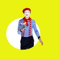 Smiling male mime with flowers.Funny actor in red
