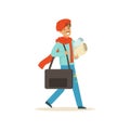 Smiling male painter artist character wearing red beret case walking with paper rolls and briefcase vector Illustration