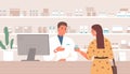 Smiling male pharmacist consulting female customer standing at counter in pharmacy vector flat illustration. Friendly