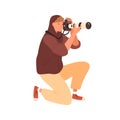 Smiling male professional photographer standing on knee take photo holding camera with telephoto lens vector flat