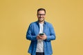 Smiling male professional texting over cellphone while standing confidently on yellow background