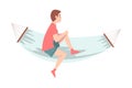 Smiling Male Sitting in Hammock and Looking Ahead Vector Illustration