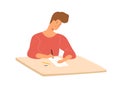 Smiling male student sitting at desk writing school test vector flat illustration. Colorful happy guy at college Royalty Free Stock Photo