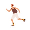 Smiling male teenager roller skating outdoors vector flat illustration. Happy young man practicing extreme physical