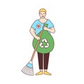 Smiling male volunteer with broom and recycling bag sweeping street isolated on white background. Ecological activism