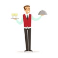Smiling male waiter character holding tray with champagne and silver cloche, hotel service vector Illustration