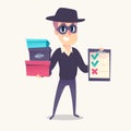 Smiling man as mystery shopper in mask and spy hat, with boxes and cheklist in hands. Royalty Free Stock Photo