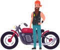 Brutal bearded biker in bandana and leather jacket, driver, motorcyclist standing near huge bike