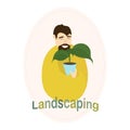 Smiling man with beard carefully holds a plant. Logo for greening company. Vertical gardening. Gardener in a yellow jacket.