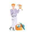 Smiling Man Beekeeper or Apiarist Holding Jar with Sweet Liquid Honey Vector Illustration