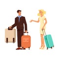 Smiling Man Bellman or Porter Carrying Luggage Helping Woman Customer Vector Illustration
