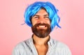 Smiling man in blue wig. Happy man with beard and mustache in colored wig. Stylish guy with blue hair. Bearded male in Royalty Free Stock Photo