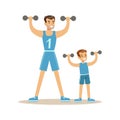 Smiling man and boy exercising with dumbells, dad and son having good time together colorful characters